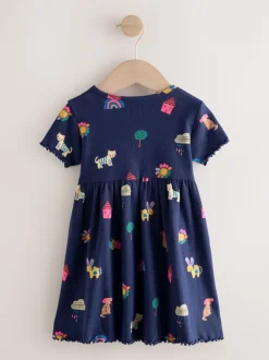 Jurken|Jurken|Next - Short Sleeve Ribbed Dress (3mths-7yrs) Navy Pets