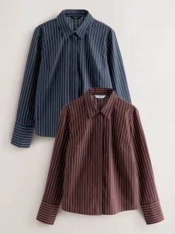 Blouses En Overhemden|Next - Fitted Stretch Essential Long Sleeve Shirts 2 Pack Navy Stripe/Burgundy Stripe