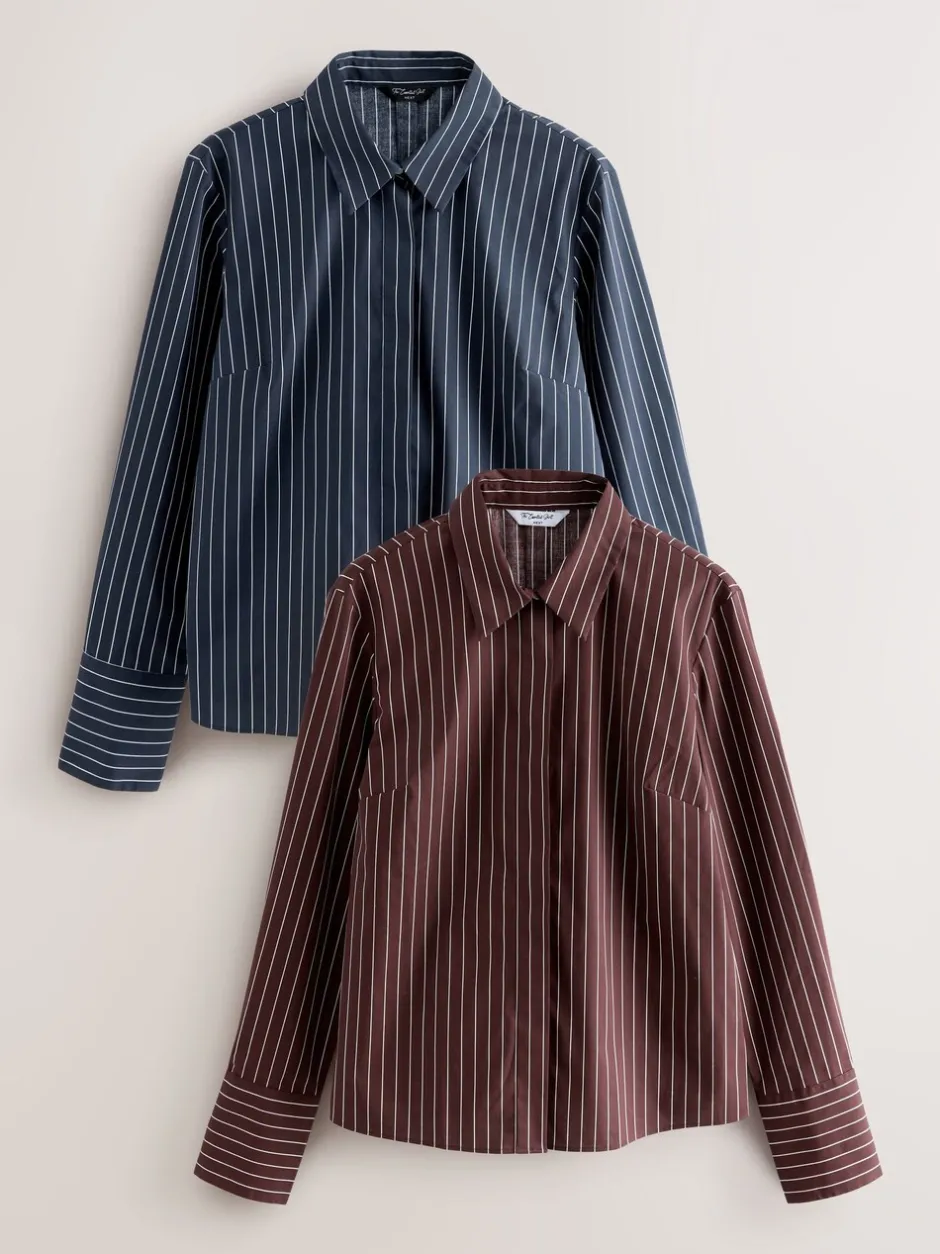 Blouses En Overhemden|Next - Fitted Stretch Essential Long Sleeve Shirts 2 Pack Navy Stripe/Burgundy Stripe