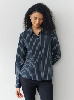 Blouses En Overhemden|Next - Fitted Stretch Essential Long Sleeve Shirts 2 Pack Navy Stripe/Burgundy Stripe
