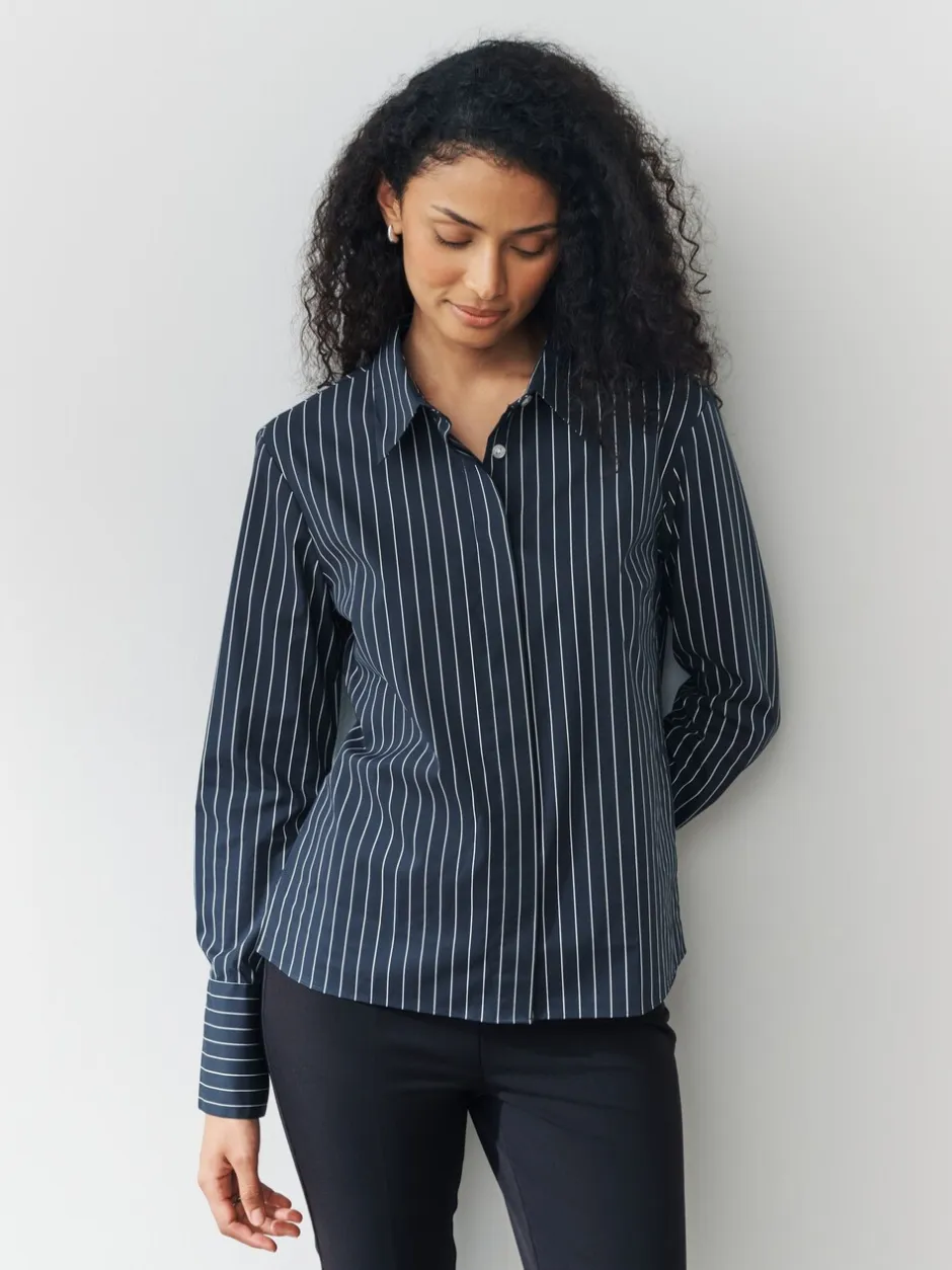 Blouses En Overhemden|Next - Fitted Stretch Essential Long Sleeve Shirts 2 Pack Navy Stripe/Burgundy Stripe