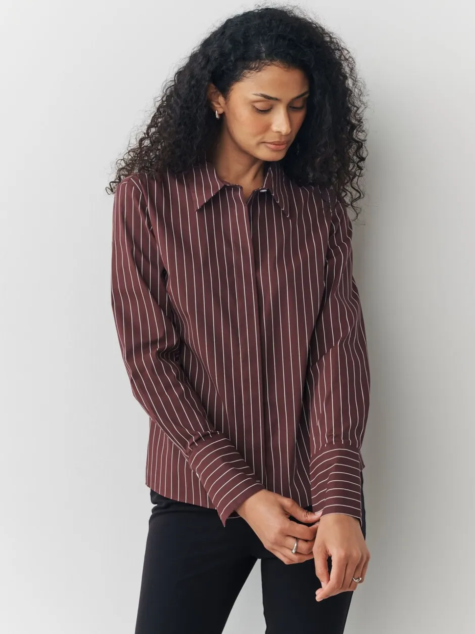 Blouses En Overhemden|Next - Fitted Stretch Essential Long Sleeve Shirts 2 Pack Navy Stripe/Burgundy Stripe