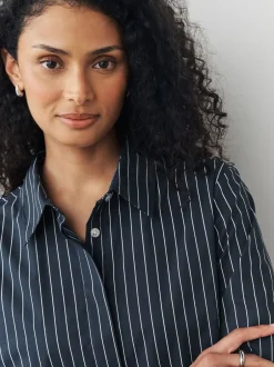 Blouses En Overhemden|Next - Fitted Stretch Essential Long Sleeve Shirts 2 Pack Navy Stripe/Burgundy Stripe