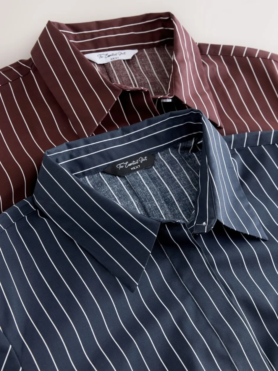 Blouses En Overhemden|Next - Fitted Stretch Essential Long Sleeve Shirts 2 Pack Navy Stripe/Burgundy Stripe