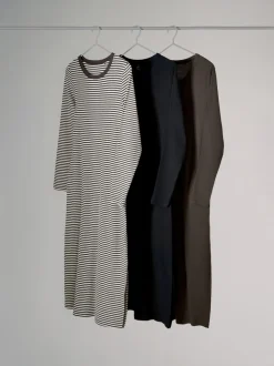 Jurken|The Set - 3 Pack Ribbed Long Sleeve Midi Dresses Navy/Khaki/Stripe