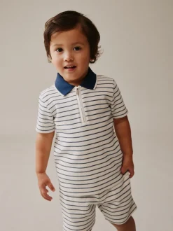 Shorts*Next Navy/White Stripe Zip Neck - Set van poloshirt met korte mouwen en short (3mnd-7jr)