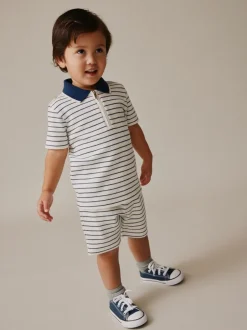 Shorts*Next Navy/White Stripe Zip Neck - Set van poloshirt met korte mouwen en short (3mnd-7jr)
