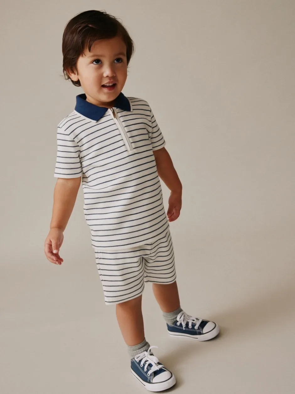Shorts*Next Navy/White Stripe Zip Neck - Set van poloshirt met korte mouwen en short (3mnd-7jr)