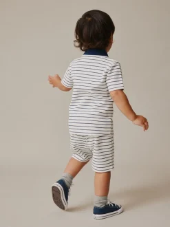 Shorts*Next Navy/White Stripe Zip Neck - Set van poloshirt met korte mouwen en short (3mnd-7jr)