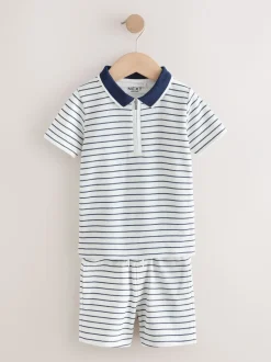 Shorts*Next Navy/White Stripe Zip Neck - Set van poloshirt met korte mouwen en short (3mnd-7jr)