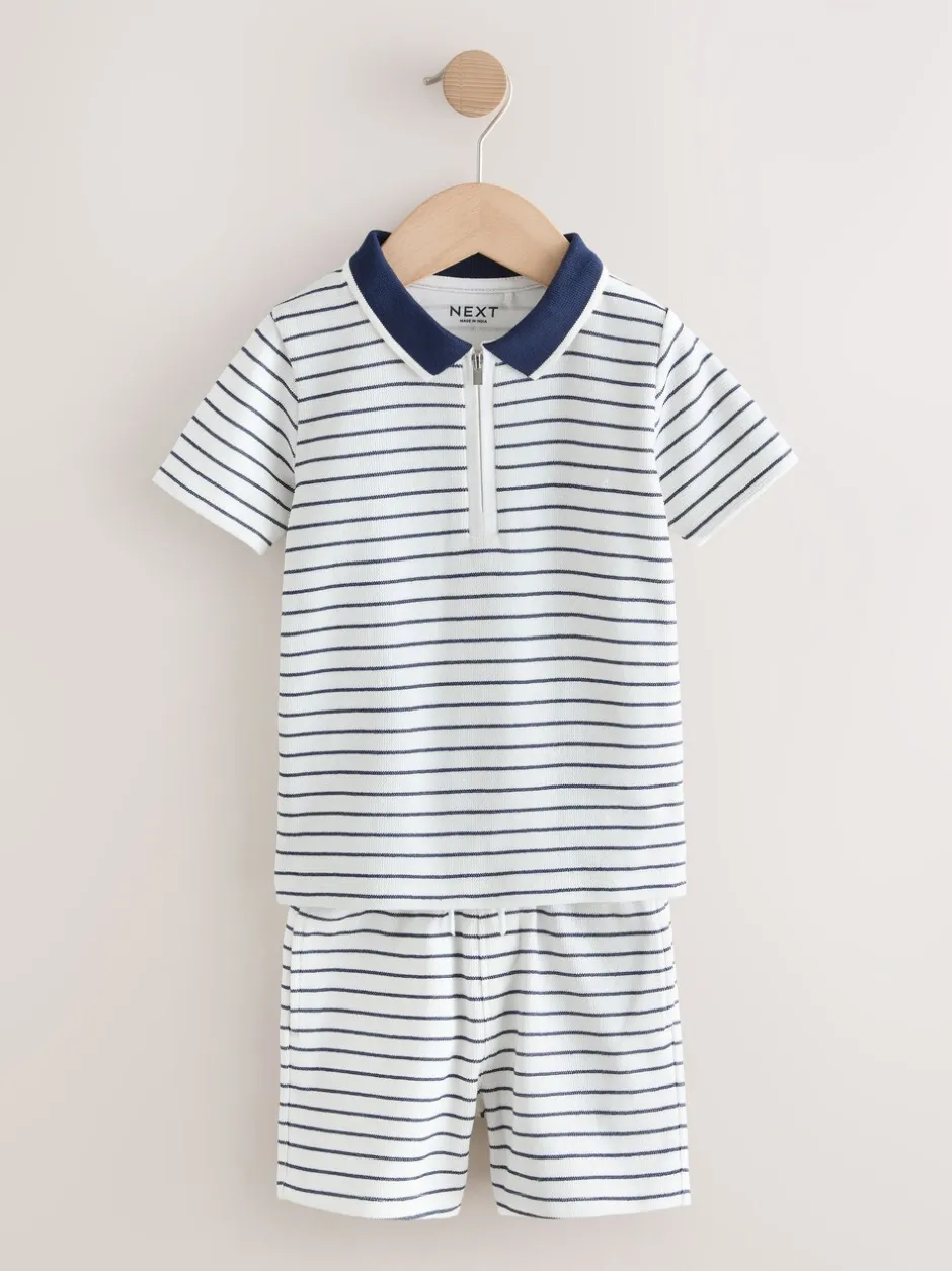 Shorts*Next Navy/White Stripe Zip Neck - Set van poloshirt met korte mouwen en short (3mnd-7jr)