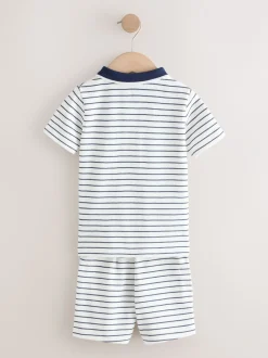 Shorts*Next Navy/White Stripe Zip Neck - Set van poloshirt met korte mouwen en short (3mnd-7jr)