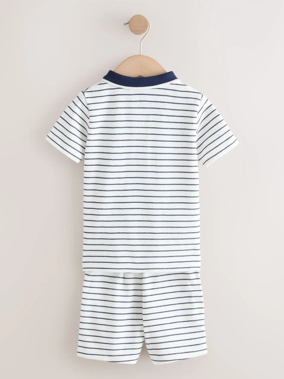 Shorts*Next Navy/White Stripe Zip Neck - Set van poloshirt met korte mouwen en short (3mnd-7jr)
