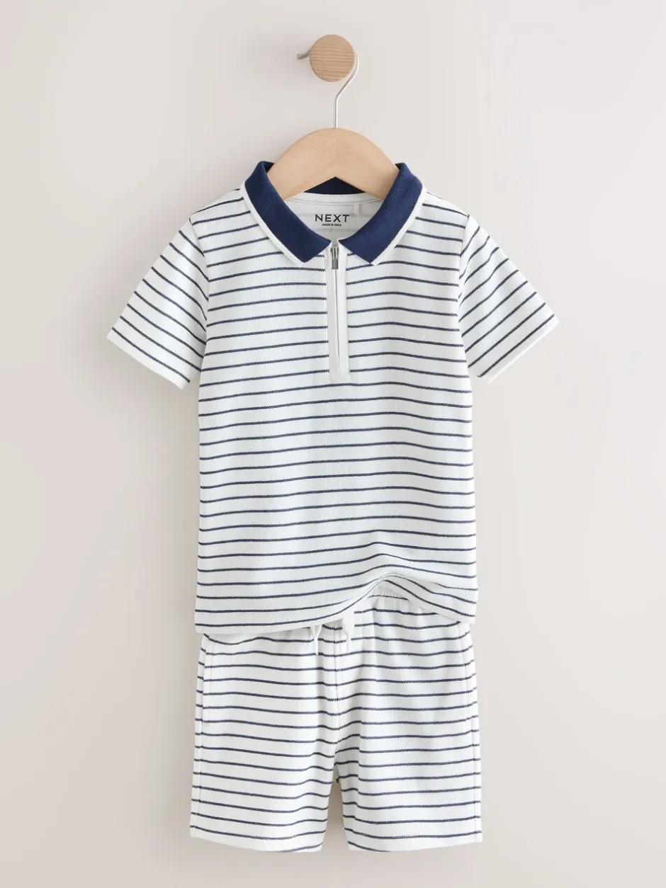 Shorts*Next Navy/White Stripe Zip Neck - Set van poloshirt met korte mouwen en short (3mnd-7jr)