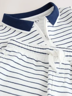 Shorts*Next Navy/White Stripe Zip Neck - Set van poloshirt met korte mouwen en short (3mnd-7jr)