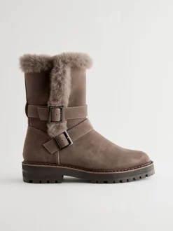 Ruimvallend En Extraruimvallend*Next - Faux Fur Double Buckle Ankle Boots Nertsgrijs/bruin