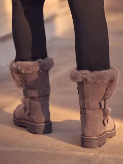 Ruimvallend En Extraruimvallend*Next - Faux Fur Double Buckle Ankle Boots Nertsgrijs/bruin