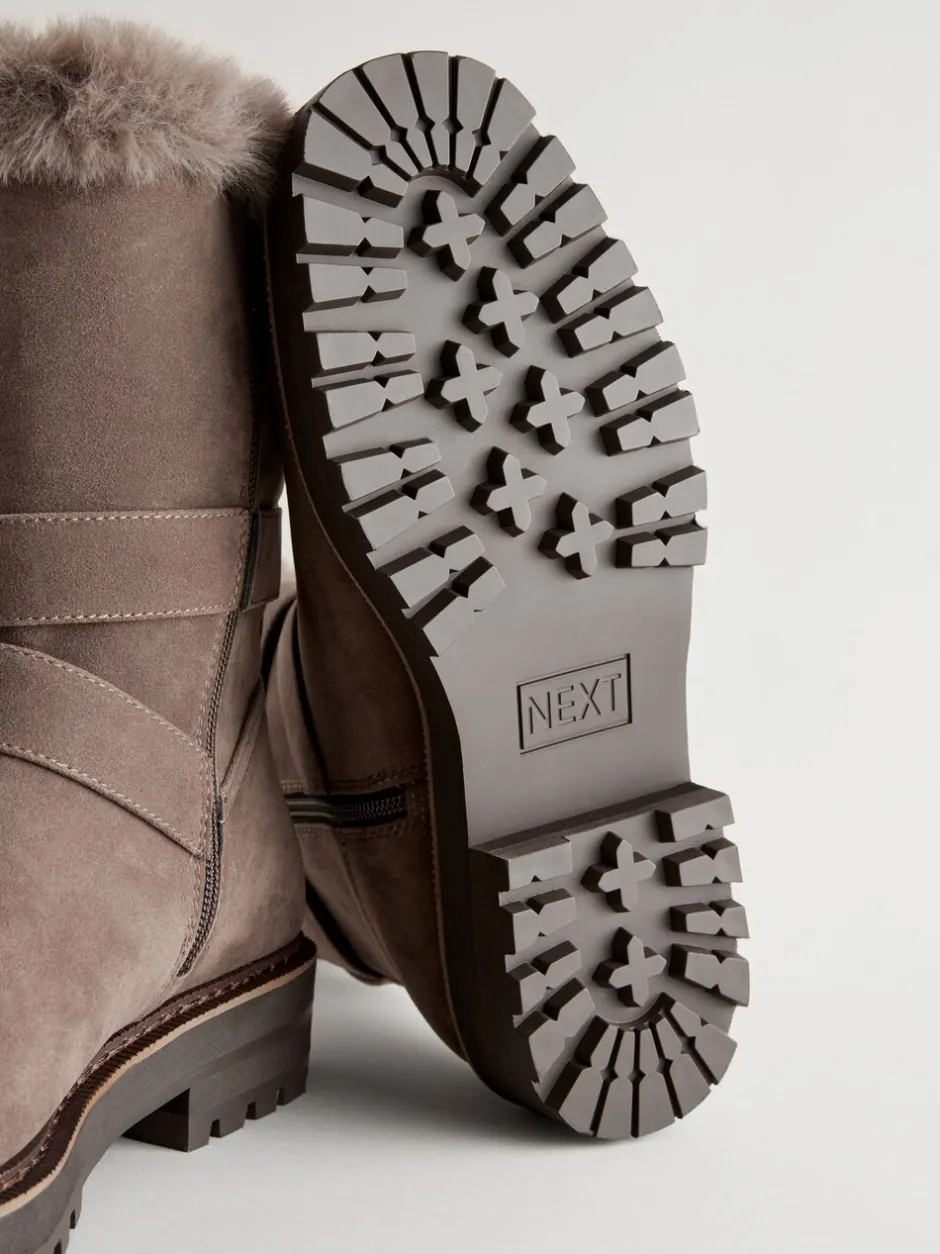Ruimvallend En Extraruimvallend*Next - Faux Fur Double Buckle Ankle Boots Nertsgrijs/bruin