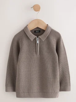 Tops|Truien En Breisels*Next - Poloshirt met lange mouwen en kwartrits (3mnd-7jr) Nertsgrijs/bruin