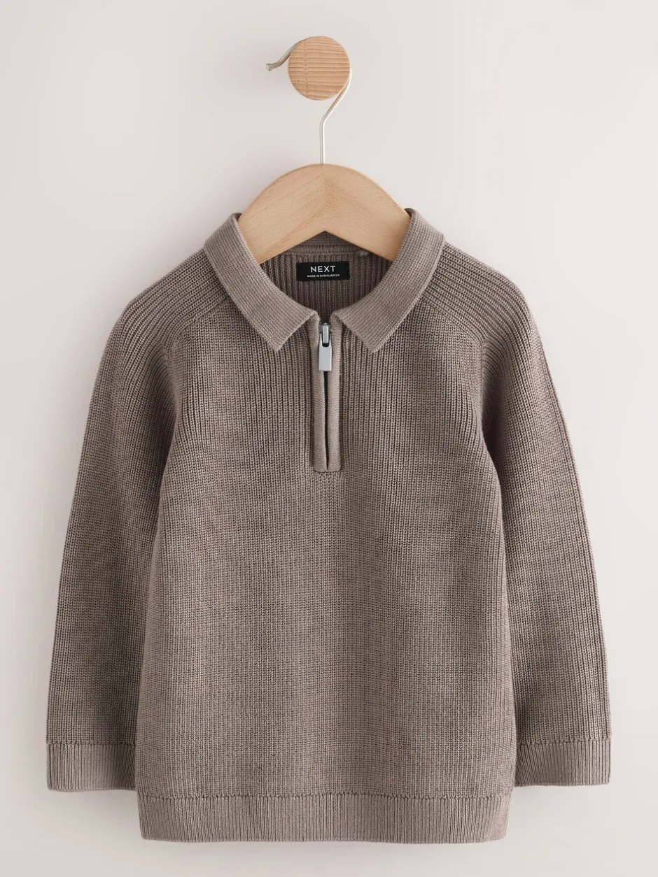 Tops|Truien En Breisels*Next - Poloshirt met lange mouwen en kwartrits (3mnd-7jr) Nertsgrijs/bruin