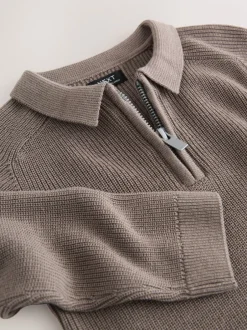 Tops|Truien En Breisels*Next - Poloshirt met lange mouwen en kwartrits (3mnd-7jr) Nertsgrijs/bruin