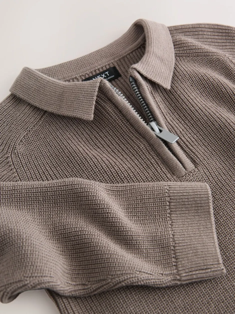 Tops|Truien En Breisels*Next - Poloshirt met lange mouwen en kwartrits (3mnd-7jr) Nertsgrijs/bruin