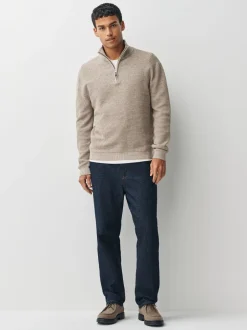 Gebreide Kleding|Next - Effen - Regular Fit Cotton Rich Textured Premium Quarter Zip Jumper Neutraal
