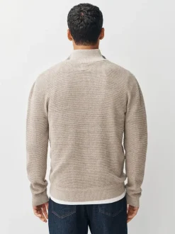 Gebreide Kleding|Next - Effen - Regular Fit Cotton Rich Textured Premium Quarter Zip Jumper Neutraal
