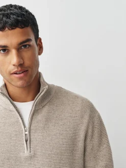 Gebreide Kleding|Next - Effen - Regular Fit Cotton Rich Textured Premium Quarter Zip Jumper Neutraal