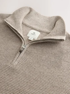 Gebreide Kleding|Next - Effen - Regular Fit Cotton Rich Textured Premium Quarter Zip Jumper Neutraal