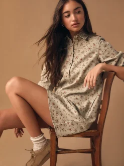 Jurken|Next Neutraal gebloemd - Long Sleeve Cotton Twill Overhead Shirt Dress
