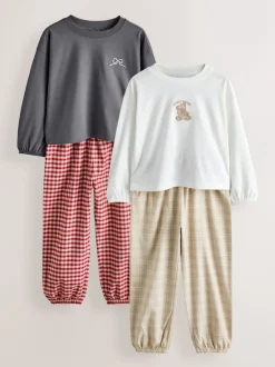 Nachtkleding En Pyjama's|Pyjama's|Next - Set van 2 ruit pyjama's met geweven onderkant (3-16jr) Neutraal met beren