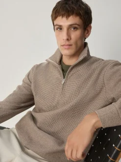 Gebreide Kleding*Next - Long Sleeve Quarter Zip Jumper Neutral Brown Dogtooth