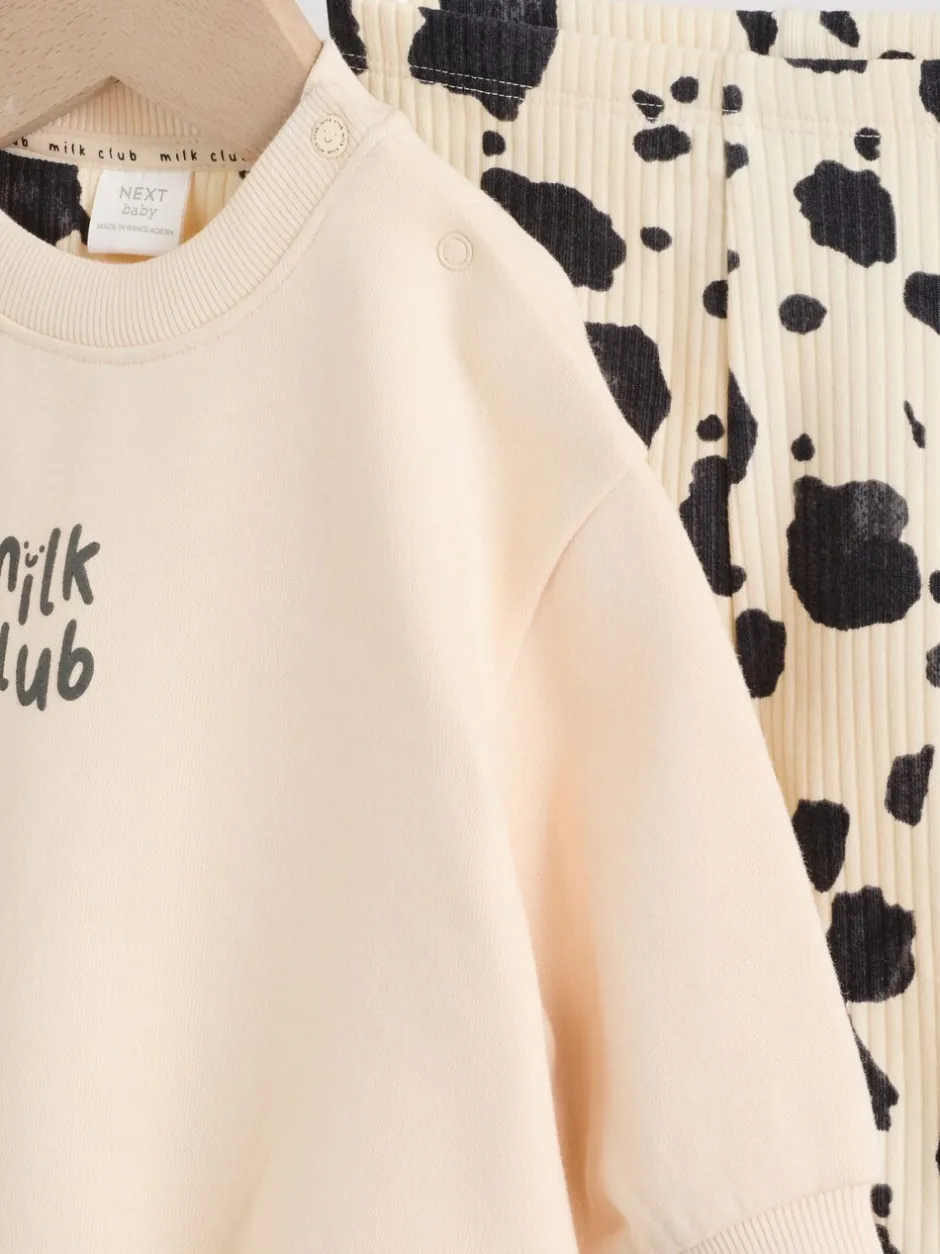 Sets En Combisets|Truien En Breisels|Next Neutral/Cow Milk Club Printed - Sweat and Leggings Baby Set (0mths-2yrs)