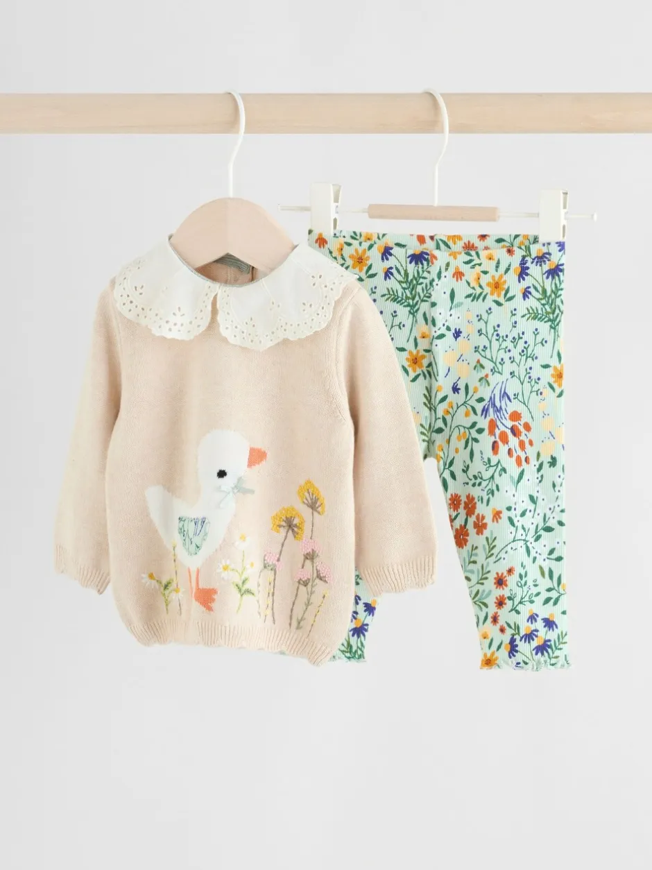 Sets En Combisets|Truien En Breisels*Next Neutrale Eend/Saliegroen met fijne print - 2 -delige babyset met gebreide trui en legging (0mnd-3jr)