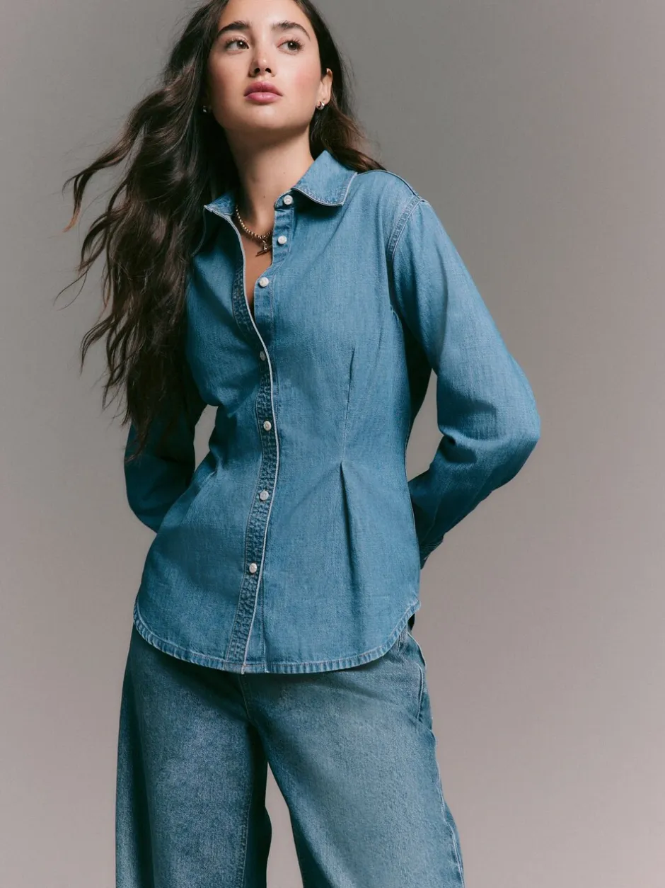 Blouses En Overhemden|Tops En T-Shirts*Next - Cinch Waist Fitted Long Sleeve Denim Shirt Normaal blauw