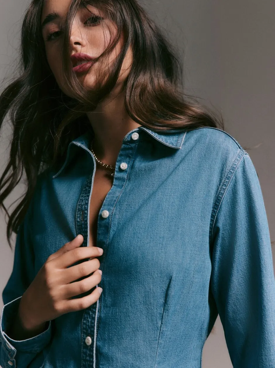 Blouses En Overhemden|Tops En T-Shirts*Next - Cinch Waist Fitted Long Sleeve Denim Shirt Normaal blauw