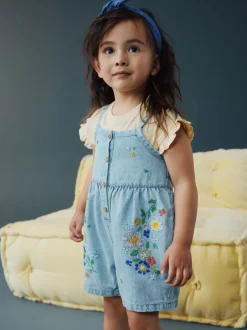 Rompertjes En Tuinbroeken|Tuinbroeken|Next Normaal blauw - Floral Embroidered Denim Playsuit and T-Shirt (3mths-7yrs)