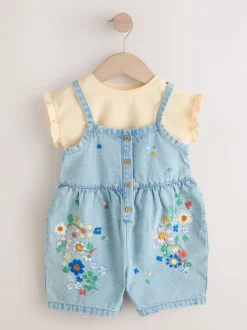 Rompertjes En Tuinbroeken|Tuinbroeken|Next Normaal blauw - Floral Embroidered Denim Playsuit and T-Shirt (3mths-7yrs)