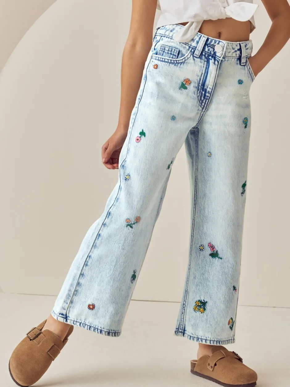 Jeans*Next Normaal blauw - Jeans met rechte pijpen en bloemenborduursel (3-16jr)
