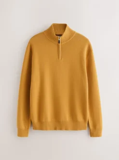 Gebreide Kleding|Next Okergeel - Effen - Regular fit 100% katoenen premium trui met korte rits