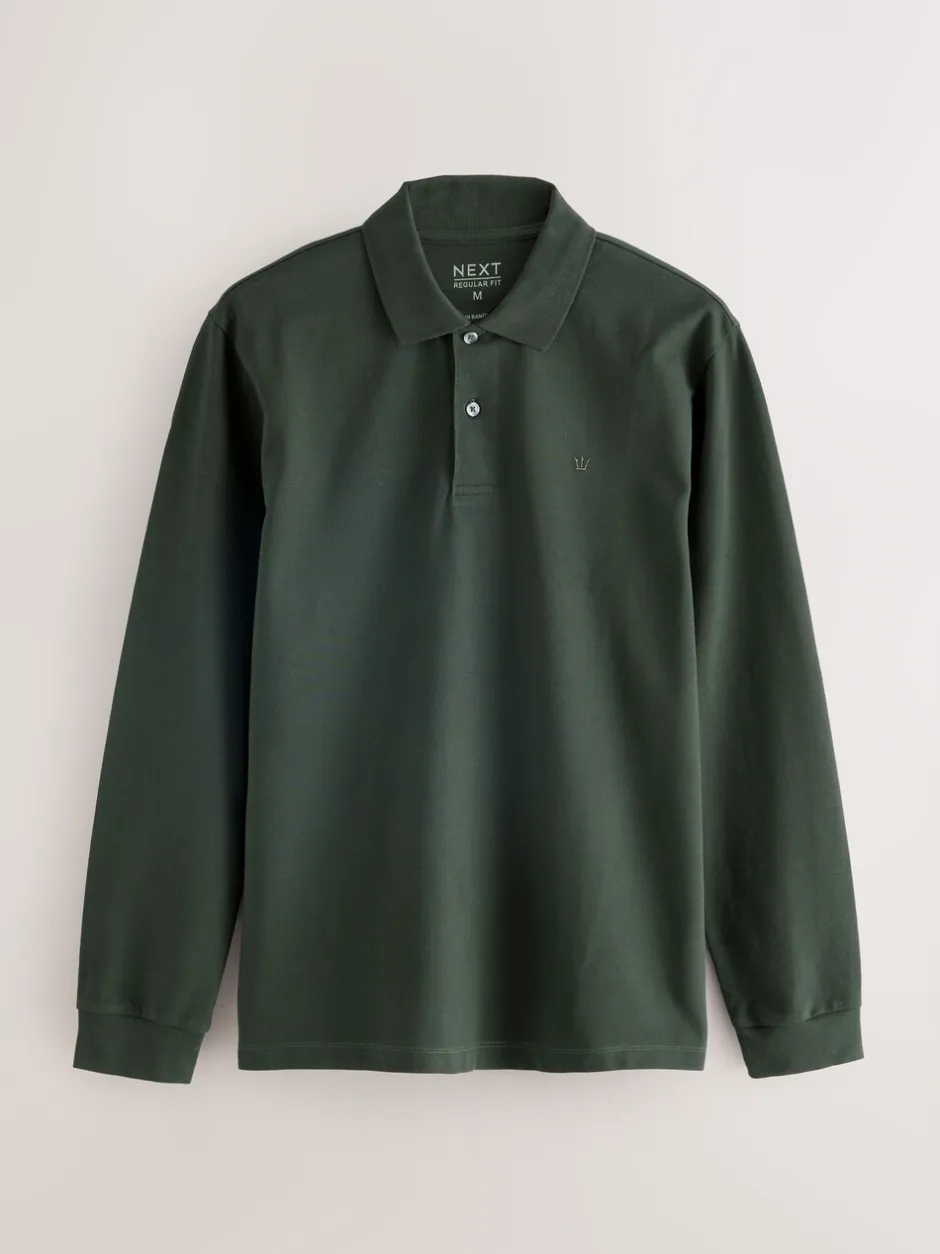 Poloshirts|T-Shirts En Hemden|Next Olijfgroen - Normale Pasvorm - Piqué polo met lange mouwen
