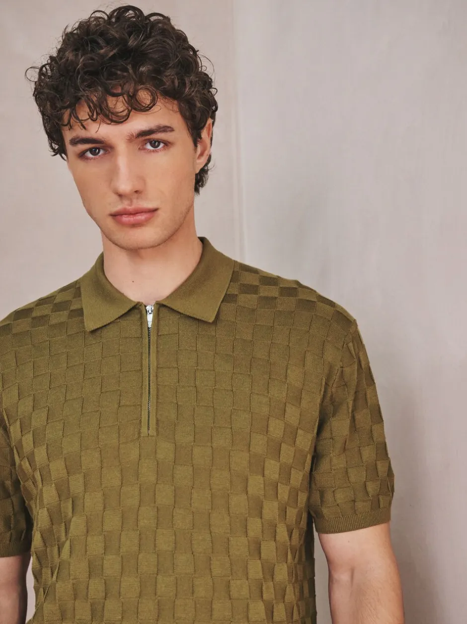 Gebreide Kleding|Next - Regular Fit N.Premium Checkerboard Knitted Short Sleeve Zip Neck Polo Shirt Olijfgroen