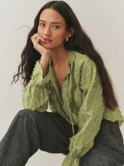 Blouses En Overhemden|Next - Tufty Jacquard Long Sleeve Blouse Olijfgroen