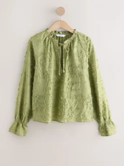 Blouses En Overhemden|Next - Tufty Jacquard Long Sleeve Blouse Olijfgroen
