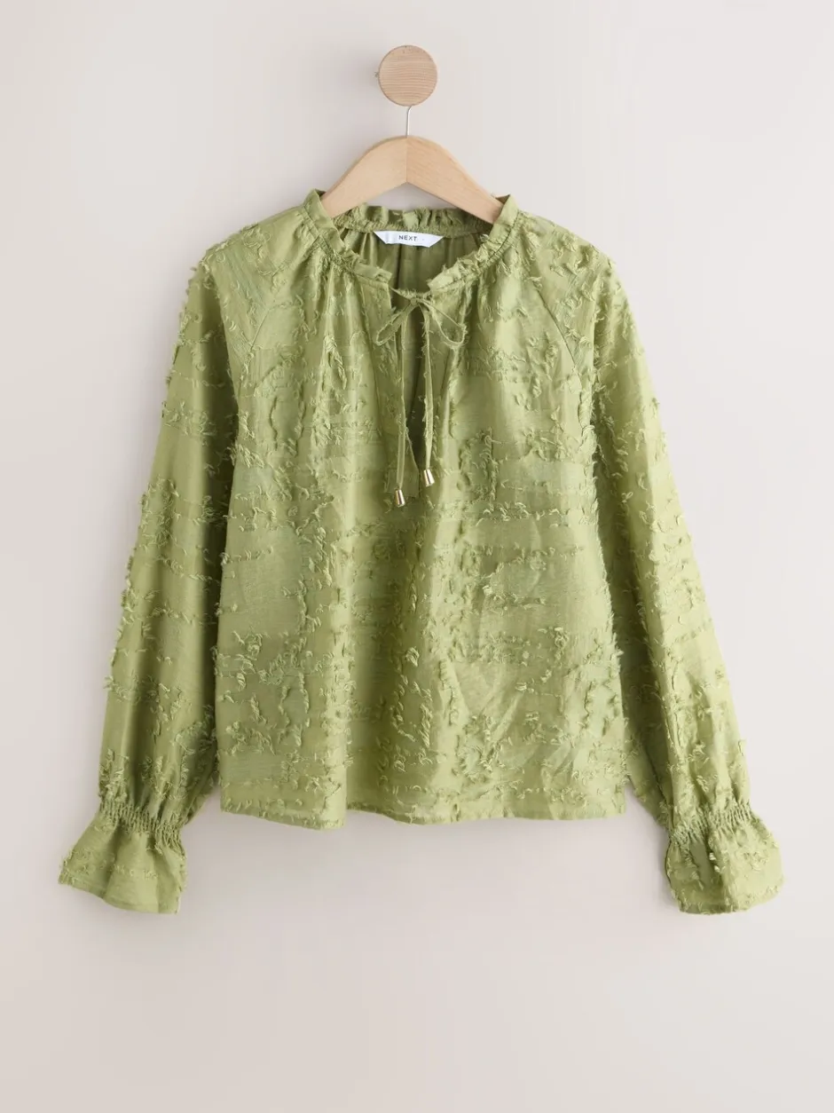 Blouses En Overhemden|Next - Tufty Jacquard Long Sleeve Blouse Olijfgroen