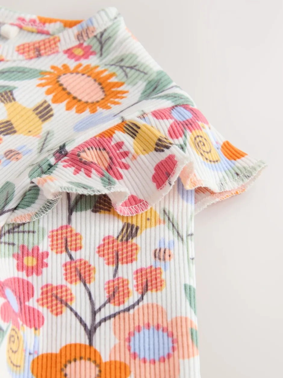 Tops|T-Shirts*Next - Long Sleeve Ribbed Frill Top (3mths-7yrs) Oranje fijn gebloemd