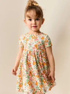Jurken|Next - Short Sleeve Ribbed Dress (3mths-7yrs) Oranje met bloemen