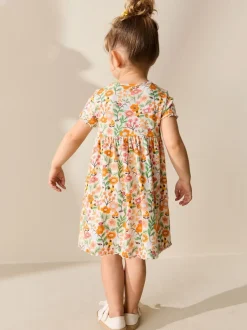 Jurken|Next - Short Sleeve Ribbed Dress (3mths-7yrs) Oranje met bloemen