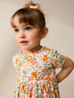 Jurken|Next - Short Sleeve Ribbed Dress (3mths-7yrs) Oranje met bloemen